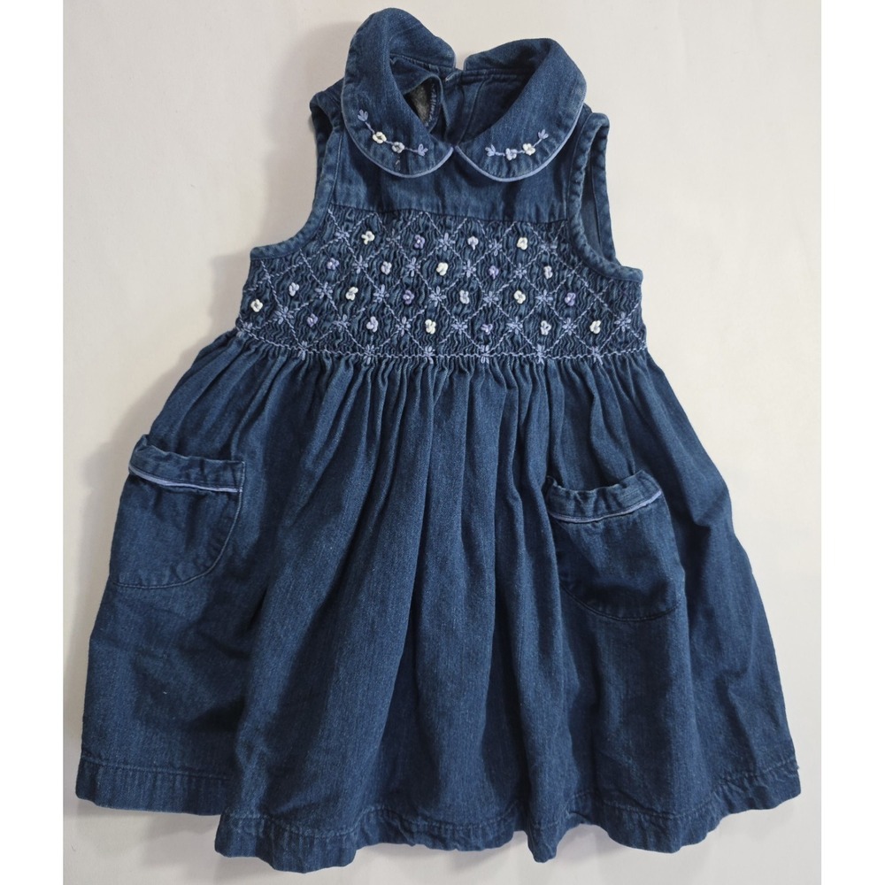 Marks & Spencer Toddler Denim Dress Y2K Smocked Cotton Blue 1-1.5Y